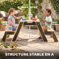 AIYAPLAY Table de pique-nique enfants avec parasol, 3 en 1 salon de jardin en bois pour enfants 3-6 ans avec 2 boîtes, naturel(m-8)