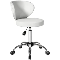 HOMCOM Tabouret à roulettes, tabouret de massage en PU avec hauteur réglable 73-88 cm et dossier, pivotant 360°, blanc(m-12)