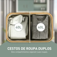 HOMCOM Cesto para Roupa Suja Dobrável com Tampa 80 L em Tecido Não Tecido, 2 Compartimentos, Asas, 54x34x58,5 cm, Bege(m-4)