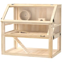 PawHut Gaiola para Hamster em Madeira com 3 Níveis, Base Funda Desmontável, Baloiço, Roda de Exercício, Rampas, Casinha, Natural(m-11)