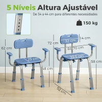 HOMCOM Cadeira de Duche para Pessoas Idosas com Apoio de Braços Ajustável Antideslizante e Altura Ajustável 60-70x52x62-72 cm Azul(m-3)