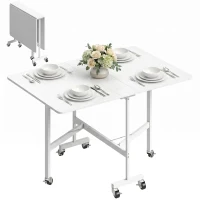 HOMCOM Table à Manger Pliante sur Roulettes pour 4-6 Personnes 120 cm, Roues avec Freins, 2 Abattants, Style Industriel, Blanc(m-16)