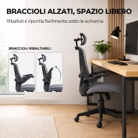 HOMCOM Sedia da Ufficio Ergonomica con Braccioli Ribaltabili, Poggiatesta e Appendiabiti, Grigio Scuro(m-5)