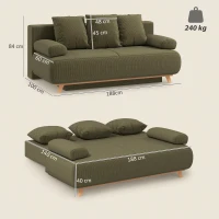 HOMCOM Sofá-cama com encosto ajustável, função cama, espaço de armazenamento escondido e revestimento cotelê, Verde escuro(m-3)