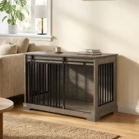 PawHut Jaula para Perros en Madera y Acero con Puerta Corredera, Mesa Auxiliar, Caseta Moderna, 100x60x68cm, Gris-Marrón Claro(m-2)