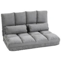 HOMCOM Chauffeuse 2 places canapé-lit convertible fauteuil de sol pliable dossier réglable 2 coussins inclus en polyester aspect suédé, pour salon, chambre et bureau, gris(m-12)