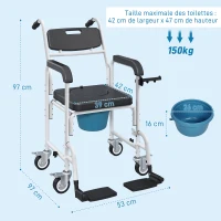 HOMCOM Chaise percée adulte à roulettes, chaise percée de douche avec repose-pieds, dossier et accoudoirs, 53x97x97cm, noir(m-3)