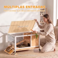 PawHut Coelheira de Madeira Gaiola de para Pequenos Animais Portátil com Teto Abatível Rampa Bandeja Amovível 90x53x59cm Madeira(m-5)