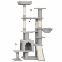 PawHut Árvore Arranhadora para Gatos 152 cm Multinível com Casinha, Rede, Cama, Escada Arranhadora, 4 Postes de Sisal e Bolas, Cinzento Claro(m-1)