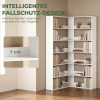 HOMCOM Bücherregal mit 7 Ebenen, L-förmiges Eckrega mit rutschfestem Rückenschutz, Weiß mit Holzoptik(m-6)