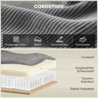 HOMCOM 218 cm brede 3-zitsbank, moderne corduroy-bank met pocketveren, brede armleuningen en 2 kussens, lichtgrijs(m-4)