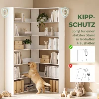 HOMCOM Bücherregal mit 7 Ebenen, L-förmiges Eckrega mit rutschfestem Rückenschutz, Weiß mit Holzoptik(m-7)