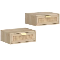 HOMCOM Juego de 2 Mesitas de Noche Flotantes con Cajón de Ratán Ahorra Espacio Diseño Moderno 40x30x15 cm Natural(m-1)