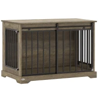 PawHut Jaula para Perros en Madera y Acero con Puerta Corredera, Mesa Auxiliar, Caseta Moderna, 100x60x68cm, Gris-Marrón Claro(m-1)