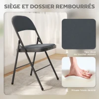 HOMCOM Lot de 4 chaises pliantes et portables intérieur avec assises et dossiers rembourrés en velours, cadre en acier, gris foncé(m-5)