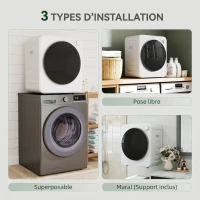 HOMCOM Sèche-linge à évacuation portable 2,5 Kg, sèche-linge électrique 400/800 W, 5 modes de séchage, 48 x 44 x 57 cm, blanc(m-5)