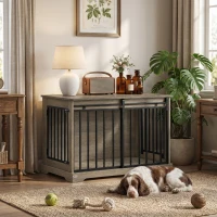 PawHut Jaula para Perros en Madera y Acero con Puerta Corredera, Mesa Auxiliar, Caseta Moderna, 100x60x68cm, Gris-Marrón Claro(m-10)