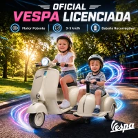 AIYAPLAY Mota Elétrica Infantil VESPA com 2 Assentos, Arranque Suave, Luz, Música, USB e Arrumação, Creme(m-4)