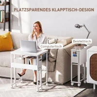 HOMCOM Faltbarer Schreibtisch, zum Beistelltisch umwandelbar, offenes Regal, Weiß(m-4)