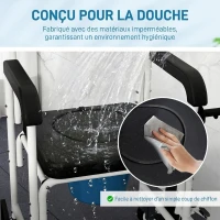HOMCOM Chaise percée adulte à roulettes, chaise percée de douche avec repose-pieds, dossier et accoudoirs, 53x97x97cm, noir(m-5)