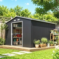 Outsunny Cobertizo de Jardín 8,3 m² 277x322x192 cm con 2 Puertas Corredizas Base Refuerzo (Suelo NO Incluido) Gris(m-2)