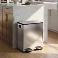 HOMCOM Coș de Gunoi cu 2 Compartimente de 20L cu Închidere Silențioasă, din Oțel Inoxidabil și PP, 45.8x36x51.6 cm(m-10)