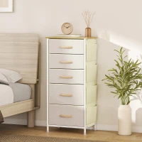 HOMCOM Schlafzimmer-Kommode mit 5 Stoffschubladen, Stahlstreben, Holzoberfläche, 4 Aufbewahrungstaschen, 2 Haken, Beige(m-10)