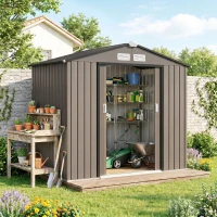 Outsunny Abrigo de Jardim 213x130x185 cm Abrigo de Jardim Metálico de Exterior com 2 Portas Deslizantes e 4 Janelas Marrom(m-11)