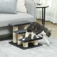 PawHut Hundetreppe 3 Stufen 34 cm Hoch Haustiertreppe für Hunde Katze Katzentreppe mit Kratzstamm Hunderampe Einstiegshilfe für Bett, Sofa, Couch Dunkelgrau(m-7)