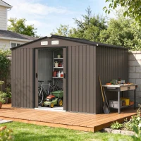 Outsunny Abrigo de Jardim 277x195x192 cm  Metálico para Armazenamento de Ferramentas com Base de Reforço Incluída Madeira(m-2)