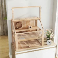 PawHut Gaiola para Hamster em Madeira com 3 Níveis, Base Funda Desmontável, Baloiço, Roda de Exercício, Rampas, Casinha, Natural(m-9)