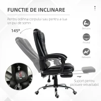 HOMCOM Scaun de Birou din Piele artificiala Neagra Inaltime Reglabila cu Spatar Rabatabil la 145° si Suport pentru Picioare, 64,5x69x117-127 cm(m-5)