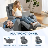 HOMCOM Fauteuil Inclinable de Massage et Chauffage, Fauteuil de Relaxation, Dossier Réglable, Pivotant, 82x99x103cm, Gris Clair(m-5)