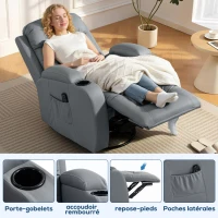 HOMCOM Fauteuil Inclinable de Massage et Chauffage, Fauteuil de Relaxation, Dossier Réglable, Pivotant, 82x99x103cm, Gris Clair(m-7)