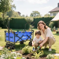 Outsunny Chariot de Transport Pliable Tout Terrain 180 L, Poignée Télescopique Pousser-Tirer 2 en 1, Auvent Amovible, Bleu(m-12)