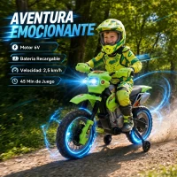 HOMCOM Moto Eléctrica para Niños con Ruedas de Apoyo Desmontables Faros y Música para Niños 3-6 Años Verde(m-4)