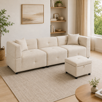 L-Shaped Sectional Sofa with Removable Storage Ottoman and 2 Pillows, Fabric Upholstery, 204L x 68W x 69H cm, Beige