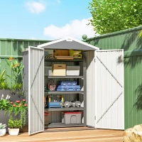 Outsunny Cobertizo de Jardín Exterior 1,1 m² 133x87x178 cm con 2 Puertas Abatibles Techo a Dos Aguas y Guantes Gris Plateado(m-10)