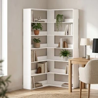 HOMCOM Bücherregal mit 7 Ebenen, L-förmiges Eckrega mit rutschfestem Rückenschutz, Weiß mit Holzoptik(m-2)