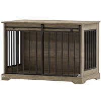 PawHut Jaula para Perros en Madera y Acero con Puerta Corredera, Mesa Auxiliar, Caseta Moderna, 100x60x68cm, Gris-Marrón Claro(m-11)