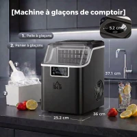 HOMCOM Machine à glaçons, 20 kg en 24h, 24 glaçons en 14-18 min, ice maker avec fonction autonettoyante, 25,2x36x37,1cm, noir(m-3)