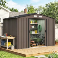 Outsunny Abrigo de Jardim 277x195x192 cm  Metálico para Armazenamento de Ferramentas com Base de Reforço Incluída Madeira(m-10)