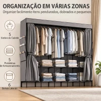 HOMCOM Roupeiro de Tecido com 5 Varões 5 Prateleiras 6 Bolsos Laterais Fecho de Correr Estrutura em Aço 212x45x167 cm Cinza(m-4)