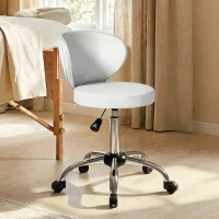 HOMCOM Tabouret à roulettes, tabouret de massage en PU avec hauteur réglable 73-88 cm et dossier, pivotant 360°, blanc(m-11)