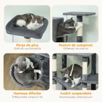 PawHut Arbore pentru pisici cu sisal, 202 cm înălțime, cu 6 stâlpi din sisal, 2 căsuțe, 2 hamace și un pat, gri(m-6)