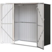 Outsunny Abrigo de Jardim Exterior Metálico 1,37 m² 163x89x163 cm com Telhado Inclinado, Portas com Fecho e Luvas Cinzento(m-10)