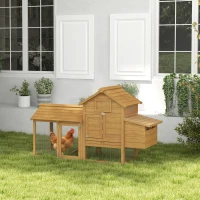 PawHut Hühnerstall Hühnerhaus aus Holz 151,5 x 54 x 87 cm, Freilaufgehege mit 2 Ebenen, 2 Türen, Nistkasten, wasserfestem Dach, Auslauf, Rampe, Hühnergehege für Garten, Natur(m-10)