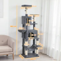 PawHut Arbore pentru pisici cu sisal, 202 cm înălțime, cu 6 stâlpi din sisal, 2 căsuțe, 2 hamace și un pat, gri(m-3)
