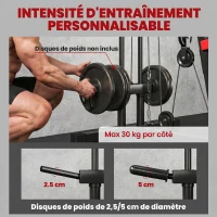 SPORTNOW Station de Musculation Multifonction à Disques Libres, avec Banc Amovible, 136x107x205cm, Noir et Rouge(m-4)