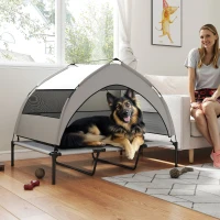 PawHut Hundeliege Outdoor mit Dach, Erhöhtes Hundebett für extra große Hunde, mit Stahlrahmen, 122x92x94cm, Hellgrau(m-10)